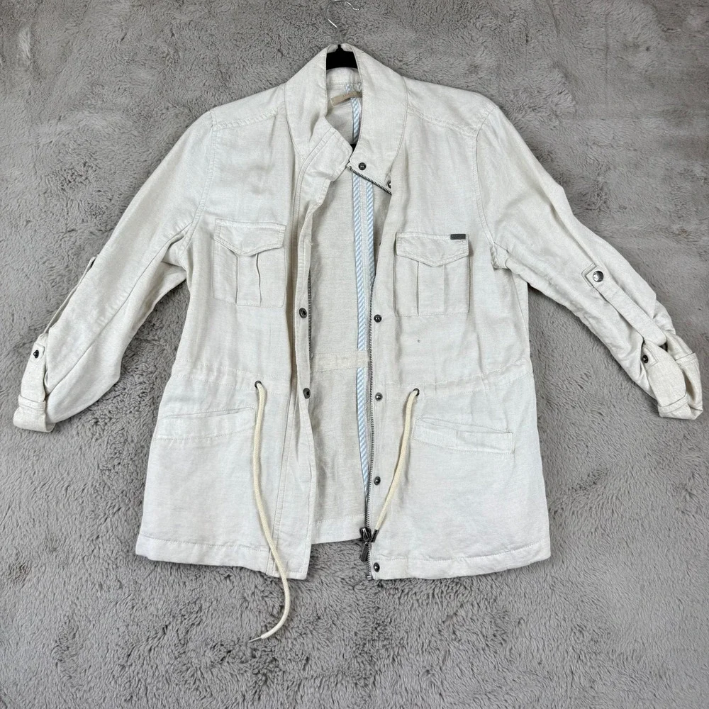 Max Jeans Utility Jacket Lightweight Drawstring Waist Beige Linen Blend M